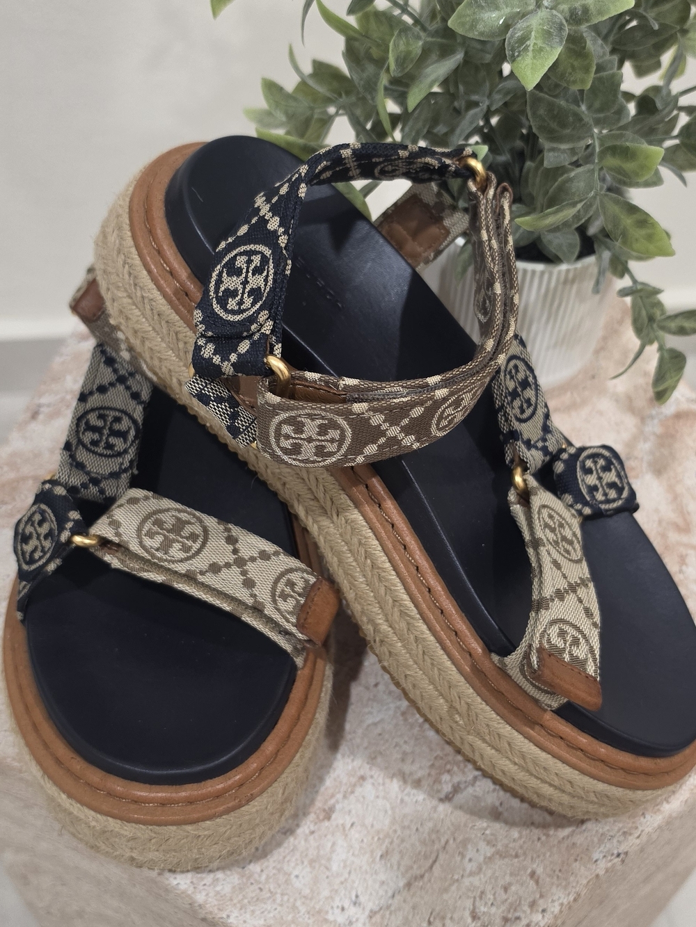 Tory Burch Two-Tone Logo Espadrille Platform Sandals